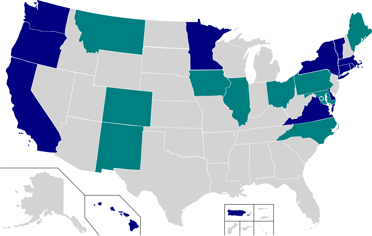 Thirteen states plus Puerto Rico (highlighted in navy blue) are members of the U.S. Climate Alliance. The states highlighted in aqua are other areas whose governing officials have expressed support for the Paris Agreement. Image: Wikipedia.