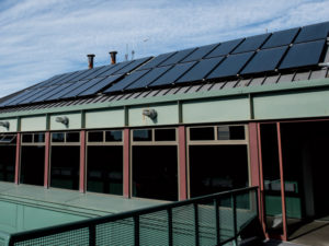 Solar hot water system on the roof behind Fenway’s home plate at Fenway Stadium in Boston, MA. Photo courtesy of JJ Miller/Boston Red Sox.