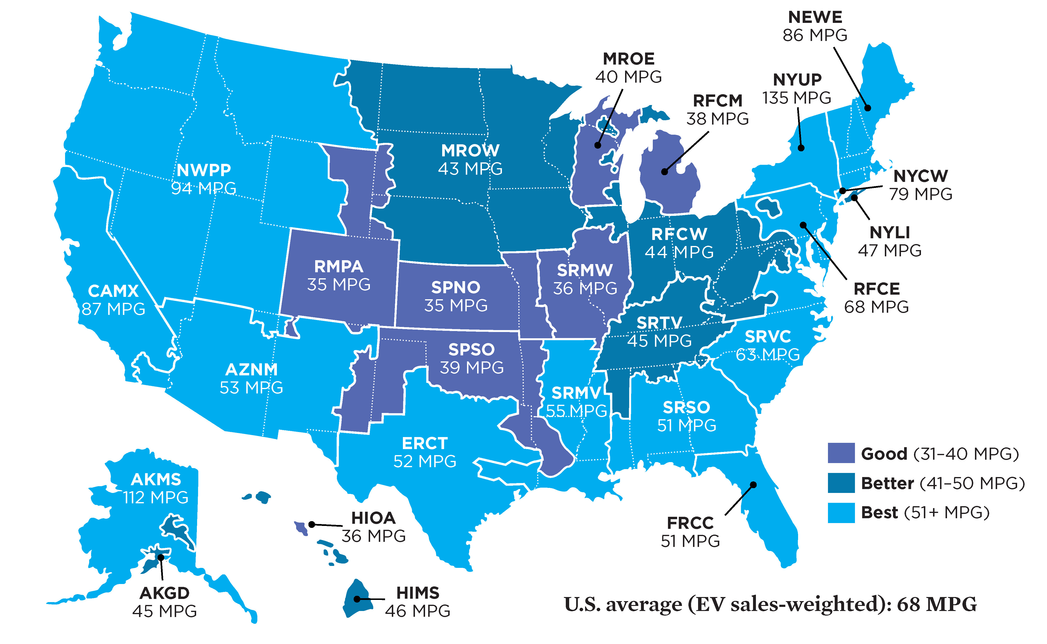 Electric Vehicle Global Warming Pollution Ratings and Gasoline Vehicle Emissions Equivalents by Electricity Grid Region. Image: Union of Concerned Scientists, 2015.