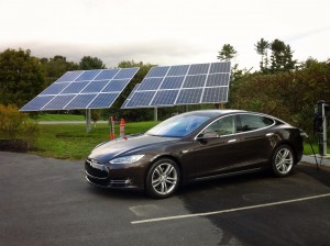 Tesla charging at King Arthur's Flour's 9.45 kW charging station. Photo courtesy King Arthur's Flour.