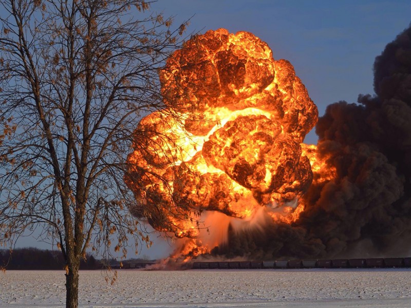 The fireball that followed the derailment and explosion of two trains, one carrying Bakken crude oil, on December 30, 2013, outside Casselton, ND. - U.S. Pipeline and Hazardous Materials Safety Administration