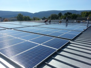 Solar array on a roof at Hand Motors in Manchester, Vermont. 